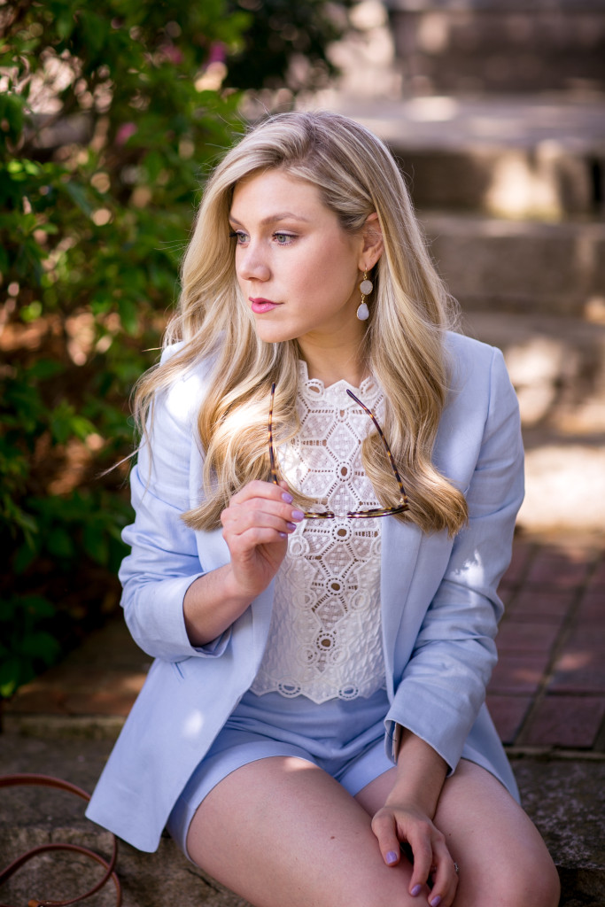 Charlotte Lifestyle and Fashion Blogger, Taylor-Rae Harrold with Style Souffle wearing Joie Suit with Rebecca Taylor Crop Top, Nordstrom Shoes and Neiman Marcus Earrings.